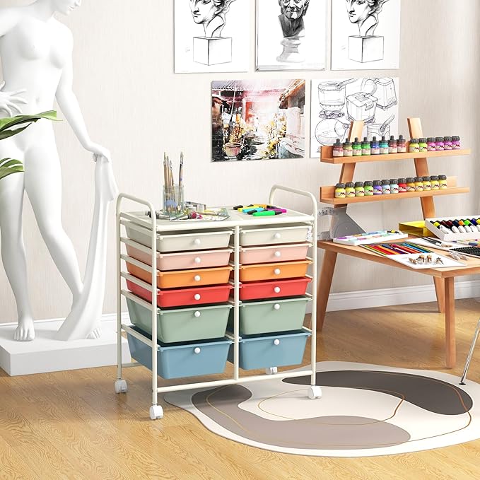LDAILY 12 Drawer Rolling Storage Cart, Craft Cart Organizer on Wheels w/Metal - Image 2