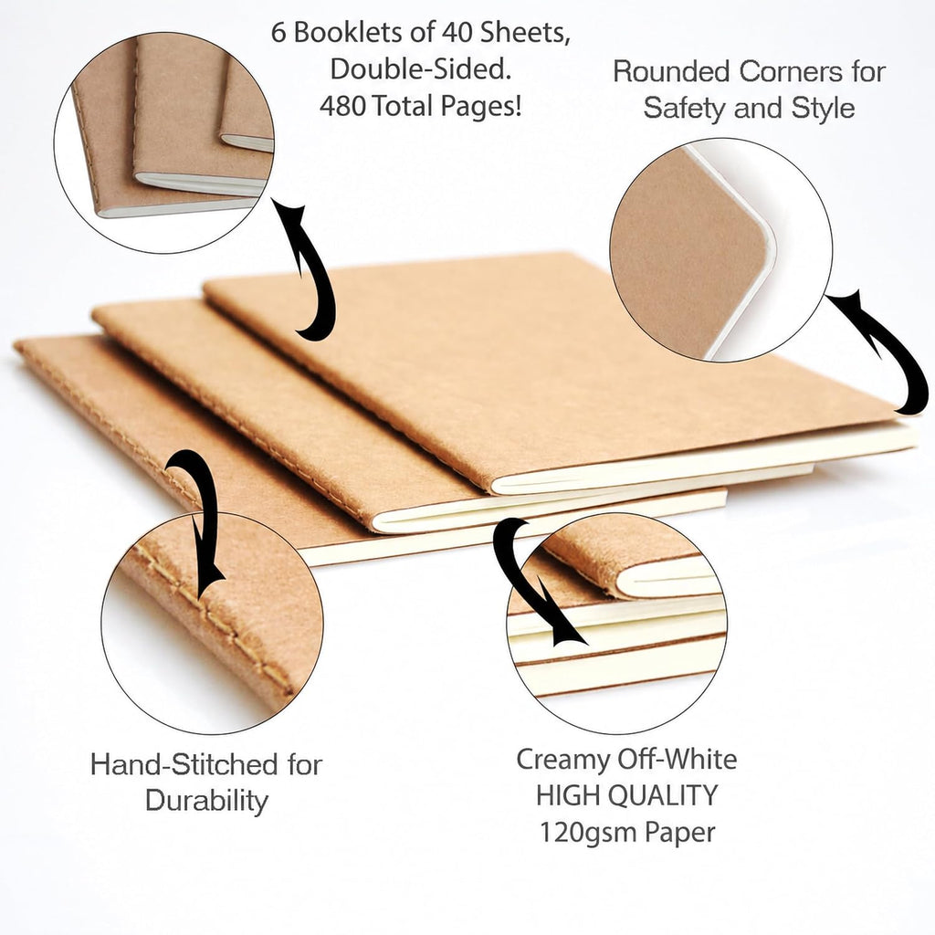 Wanderings A5 Grid Travelers Notebook Insert / A5 Journal Refill | 5.5" x 8.3" (14 x 21cm) | 6 Booklets, 480 Pages | Travelers Notebook Refills for Journals, Diaries, Planners