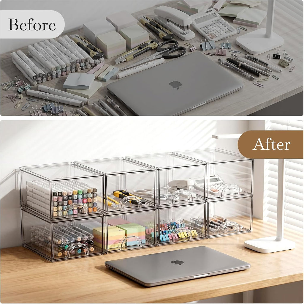 small clear stackable acrylic storage boxes & drawers, front angle view