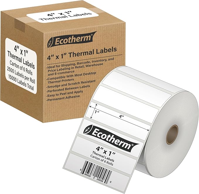 4" x 1" Thermal Labels | 6 Rolls | 15000 Labels | fits Zebra, Offnova Thermal by EcothermProducts