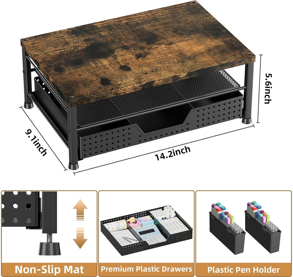 Monitor Stand Riser with Plastic Drawer and Two Pen Holders, Dark Wood Top