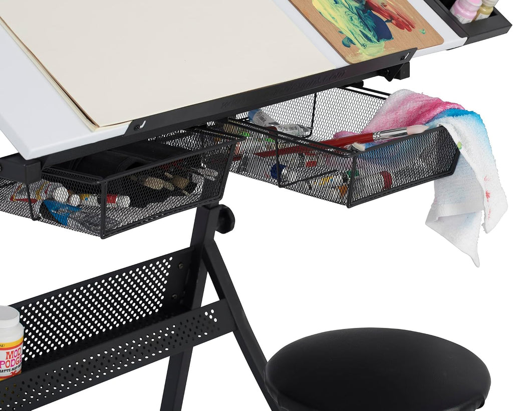 Fusion Drafting Table with Stool, Height Adjustable Desk with Tilt Top, Charcoal / White