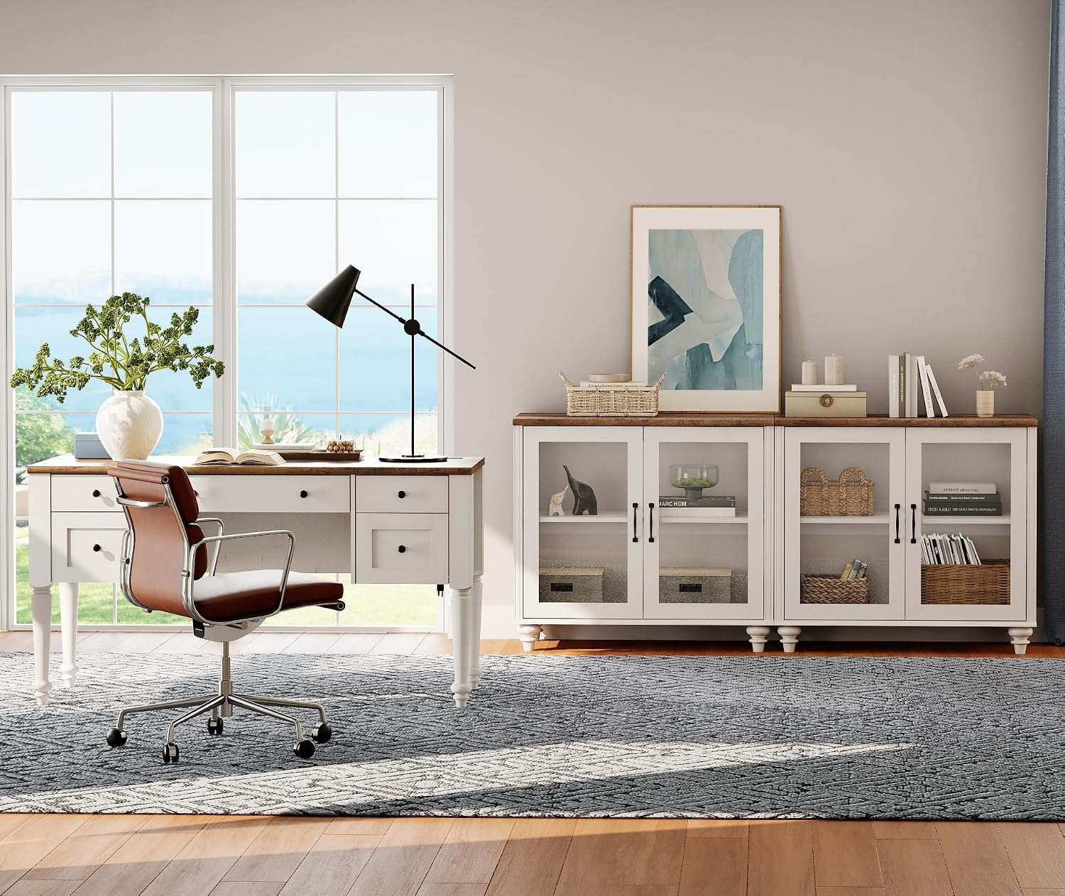 WAMPAT Home Office Furniture Set, 56" Executive Desk with Charging Station, 2-in-1 Cabinet with Glass Doors, Wood Computer Desk with File Cabinet Storage, Open Shelf, White