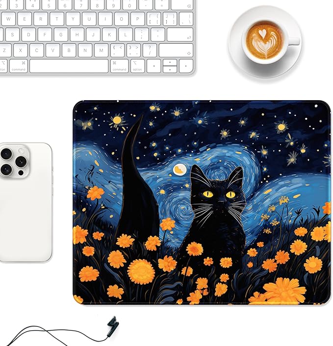 Auhoahsil Mouse Pad, 12 x 10 in Van Gogh Style Cat Theme Computer Mouse Pad - Image 2