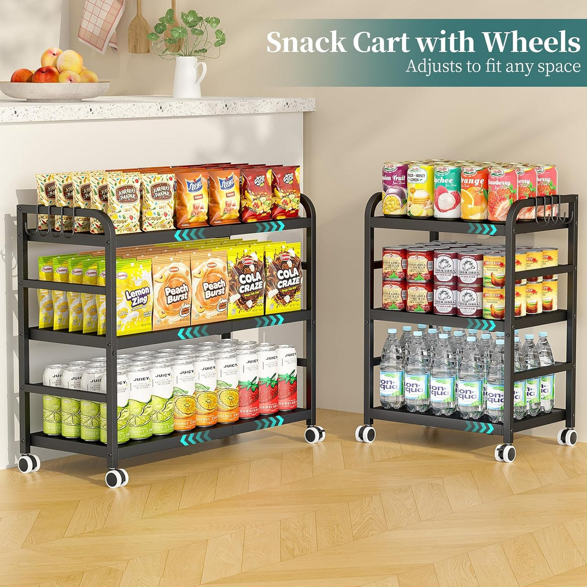 DAOUTIME 3-Tier Expandable Rolling Cart, Pantry Storage Cart with Wheels, Adj...