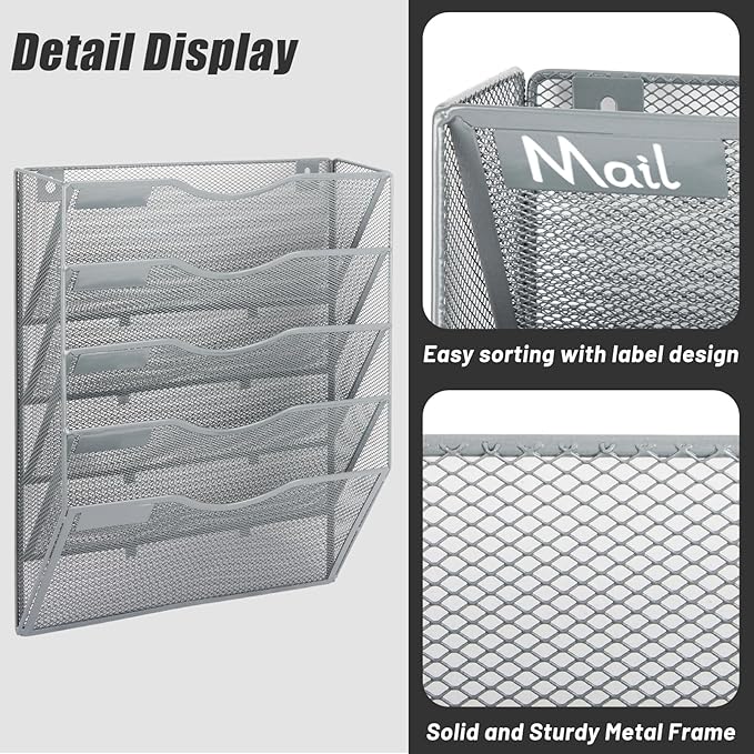 EASEPRES 5 Pocket Mesh Hanging Wall File Organizer, Wall Mounted Mail Paper - Image 3