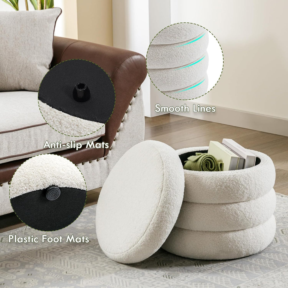 Boucle Ottoman with Storage, Small Round Footrest Stool for Living Room Bedro...