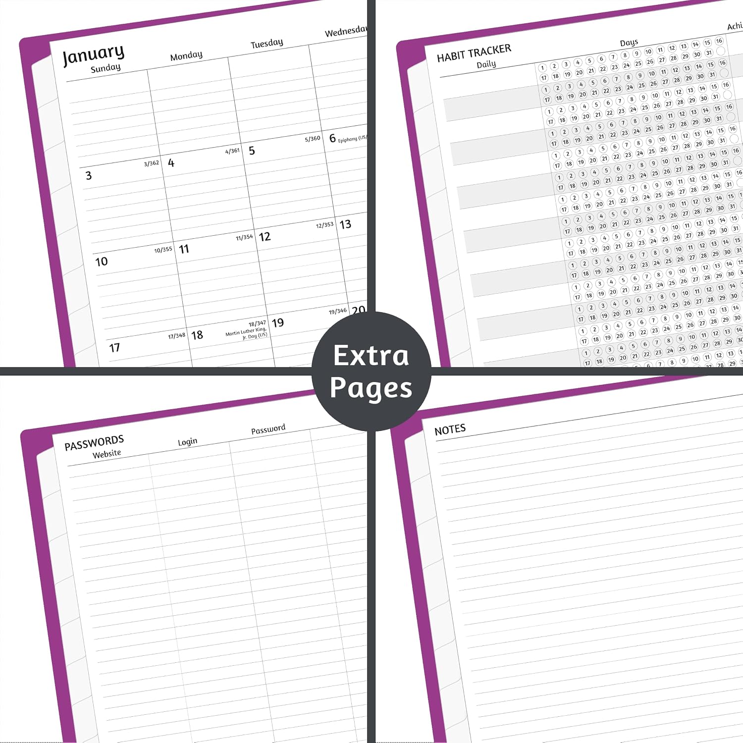 Monthly Planner 2027-2031, 5-Year Calendar Planner 2027-2031, Jan 2027 – Dec 2031, 8.5 x 11 In, Ruled Spread, Flexible Cover, Spiral Wirebound, Pocket, 60 Coated Monthly Tabs, Notes ＆ Habit Tracker, A4 Planner, Purple