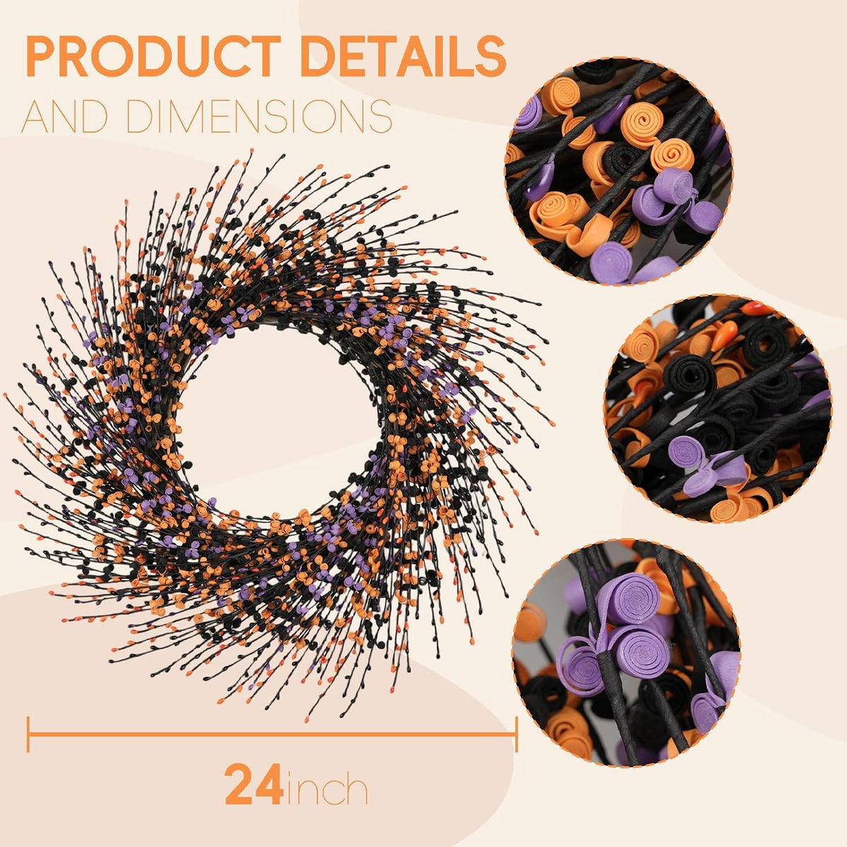 Idyllic 24 Inch Halloween Wreath Black Orange Purple for Front Door