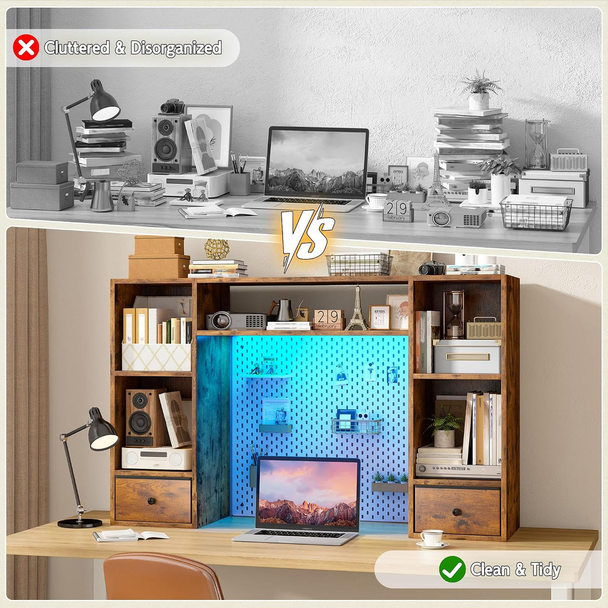 REIBII 47.2" Desktop Bookshelf, 6 Shelves & 2 Drawers, LED Lights, B...