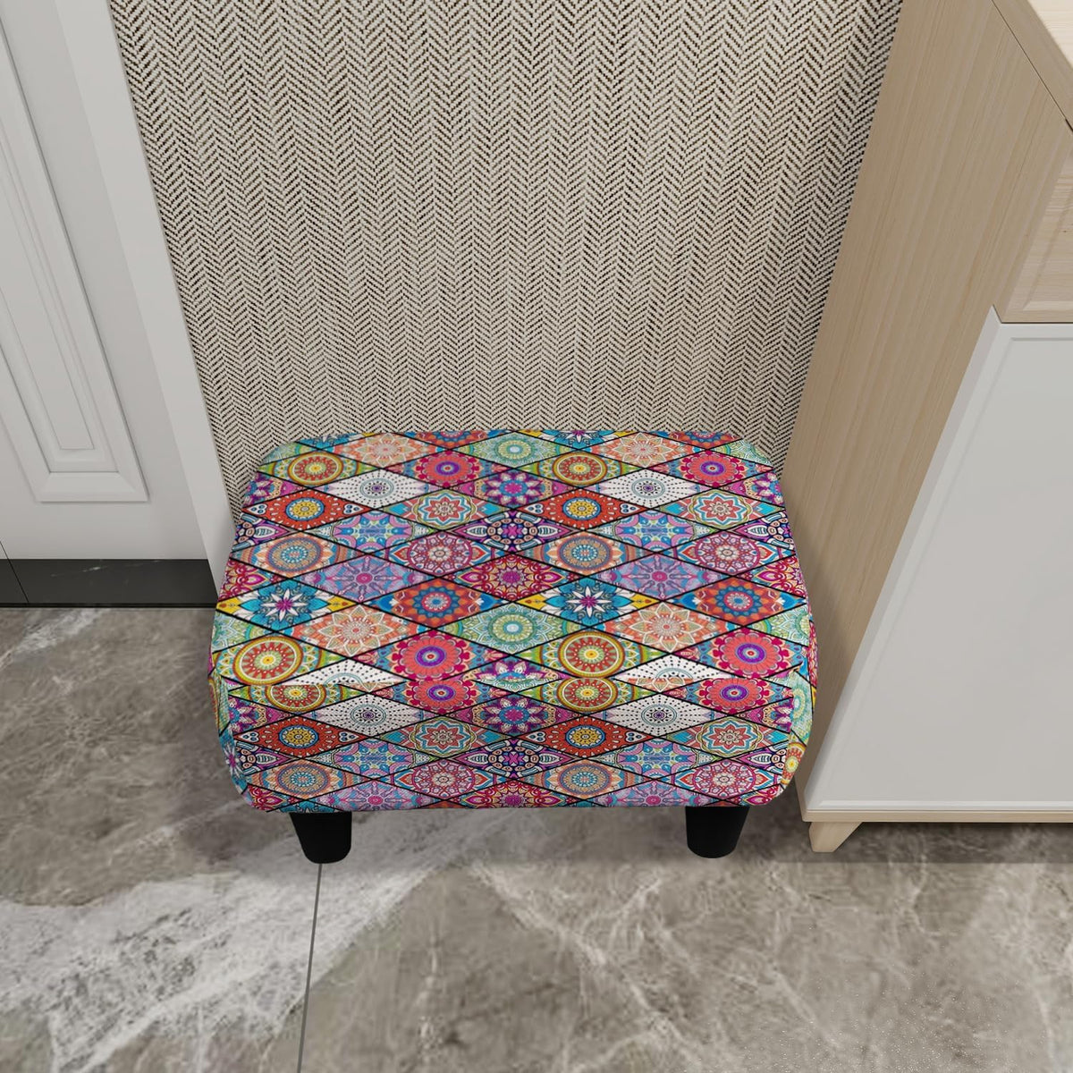 Colorful Small Foot Stool Ottoman, Boho Linen Mandala Footrest for Couch