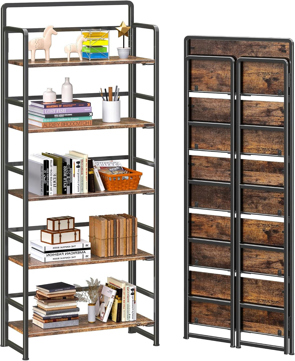 4NM No Assembly 5 Tiers Folding Bookshelf Storage Shelves Vintage Bookcase