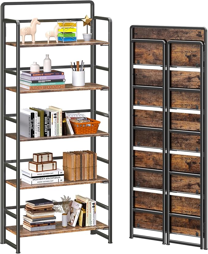 4NM No Assembly 5 Tiers Folding Bookshelf Storage Shelves Vintage Bookcase by 4NM