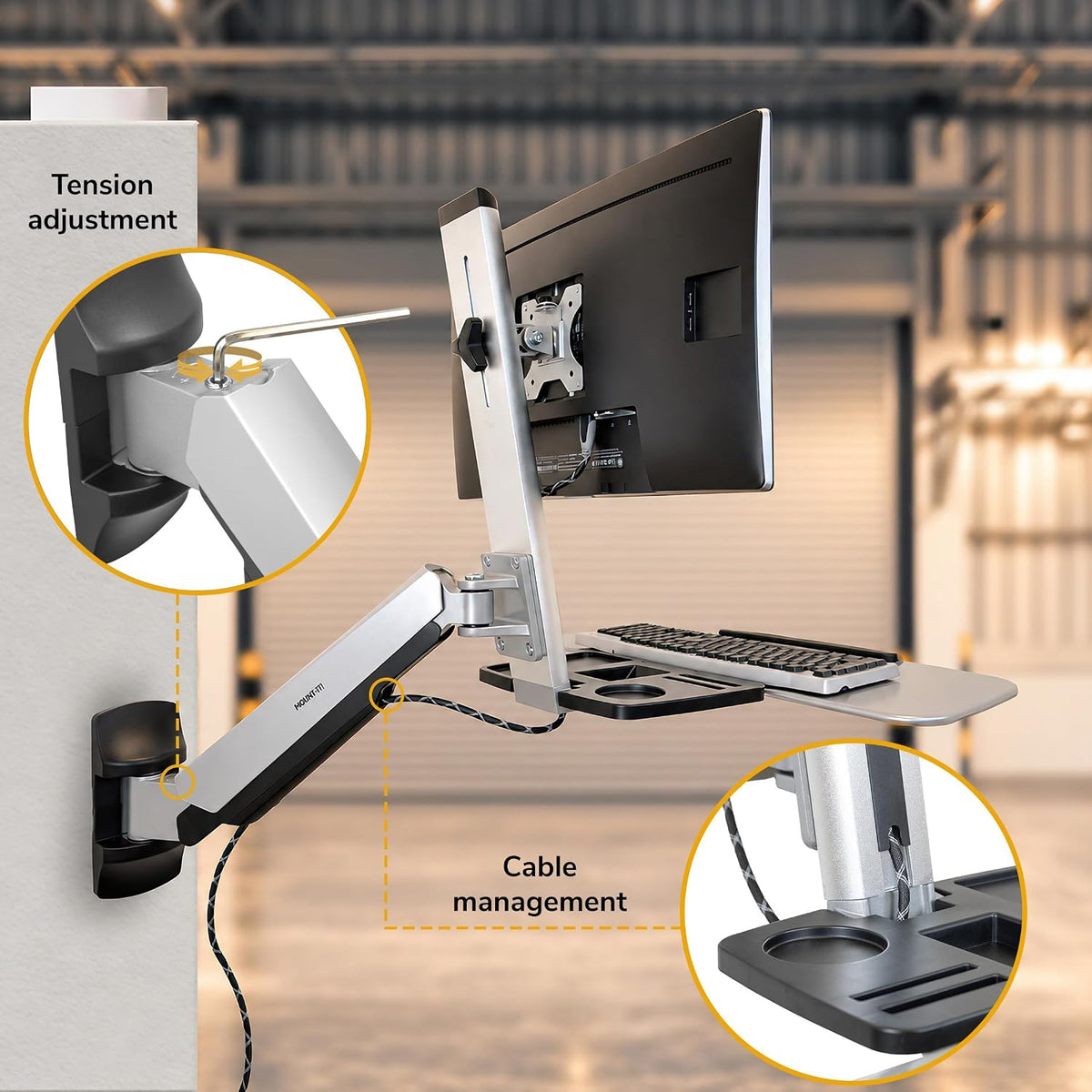 Mount-It! Monitor Wall Mount Arm, Keyboard Tray & CPU Holder, Sit-Stand
