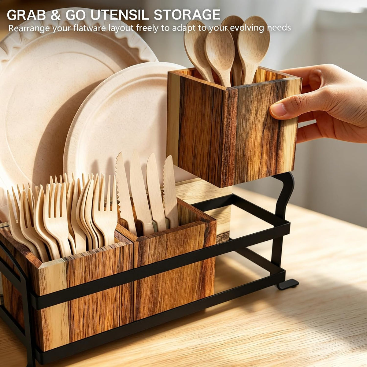 Acacia Wood Silverware Caddy for Party, 4 Compartment