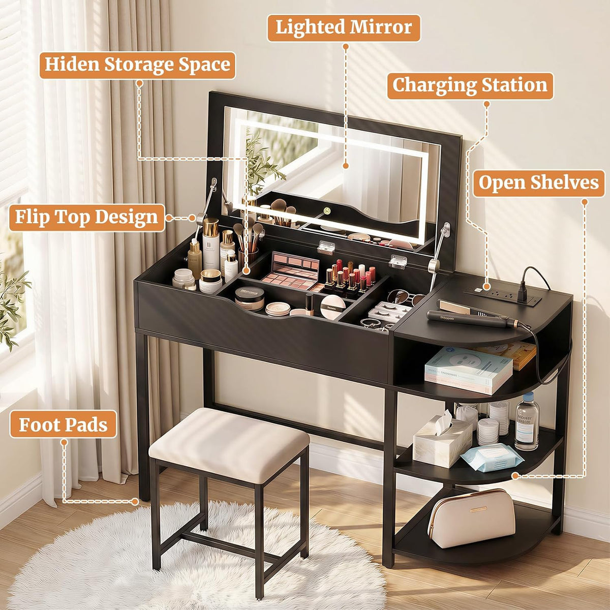 Cyclysio Vanity Desk with Flip Top Mirror and Lights, Black