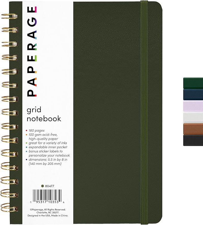 PAPERAGE Graph Paper Spiral Notebook & Journal, 160 Pages, Medium 5.5 inches x by PAPERAGE