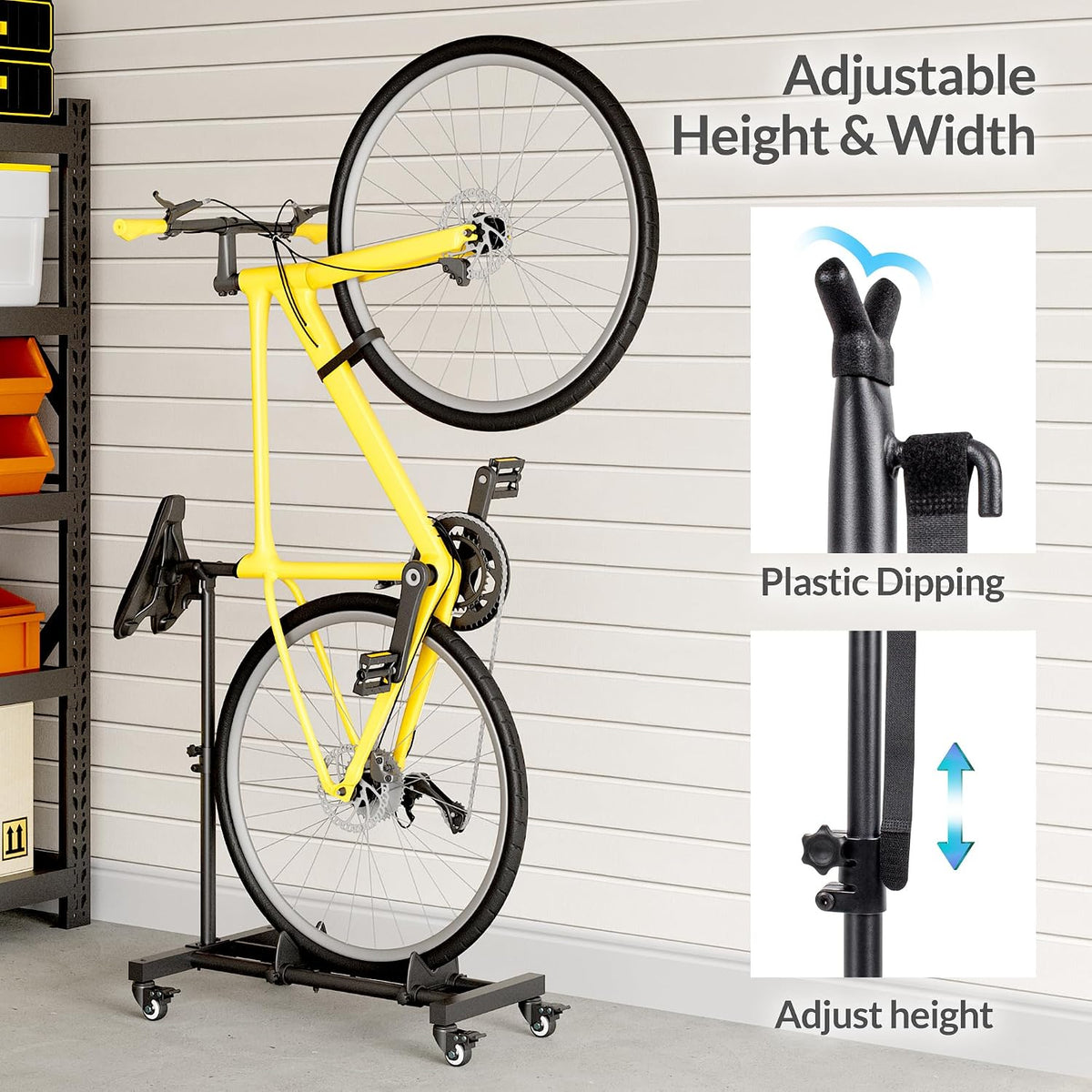 vertical bike stand, freestanding bike rack for garage, front angle view