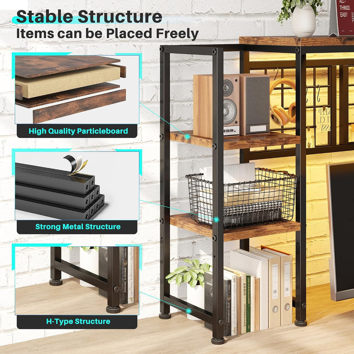 REIBII 5-Tier Desk Shelf with LED for Home Office Dorm, Rustic Brown