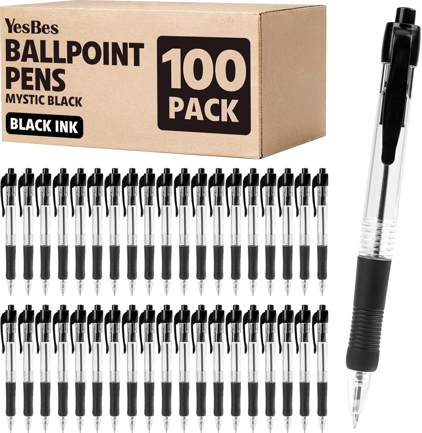 100 Pack Ballpoint Pens Bulk, Retractable Black Pens Ballpoint Medium Point 1mm with Super Soft Grip, No Bleed Ink Pens Smooth Writing, School, Office, Teacher Supplies, Best Gifts for Coworkers