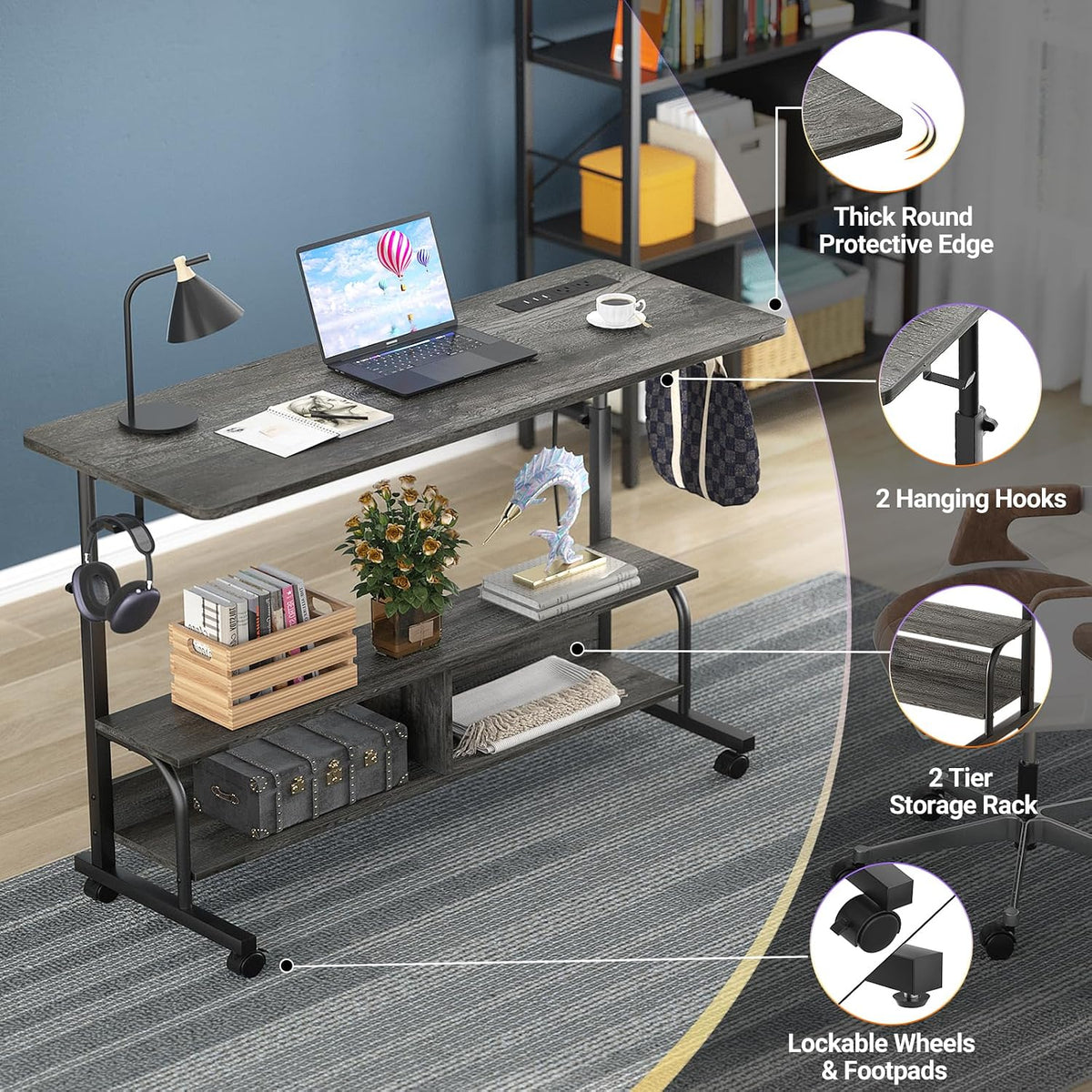 Armocity 47" Rolling Standing Desk with Charging Station for Couch Bed