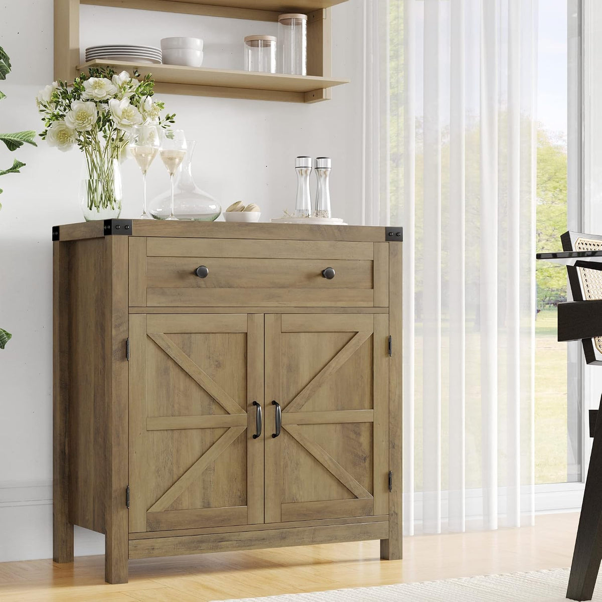 HOSTACK Kitchen Storage Cabinet, Farmhouse Coffee Bar Cabinet, Rustic Brown