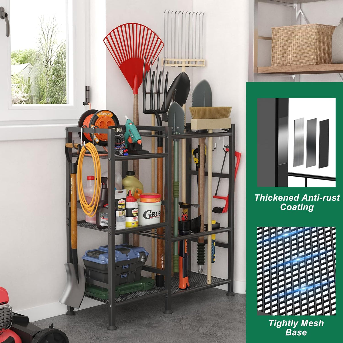 keomaisyto garden tool organizer with large hooks, garage shown in use