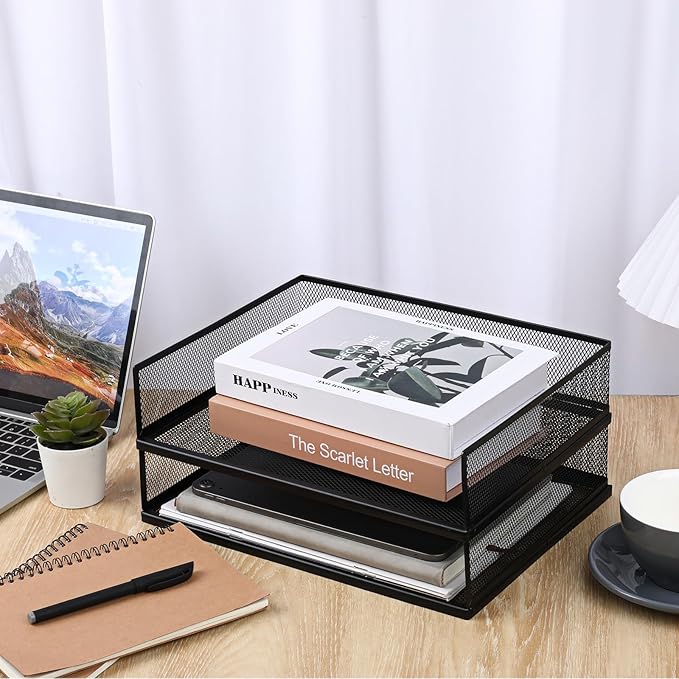 2 Pack Stackable Letter Tray, Wire Mesh Desk File Organizer Metal Desktop Paper - Image 2