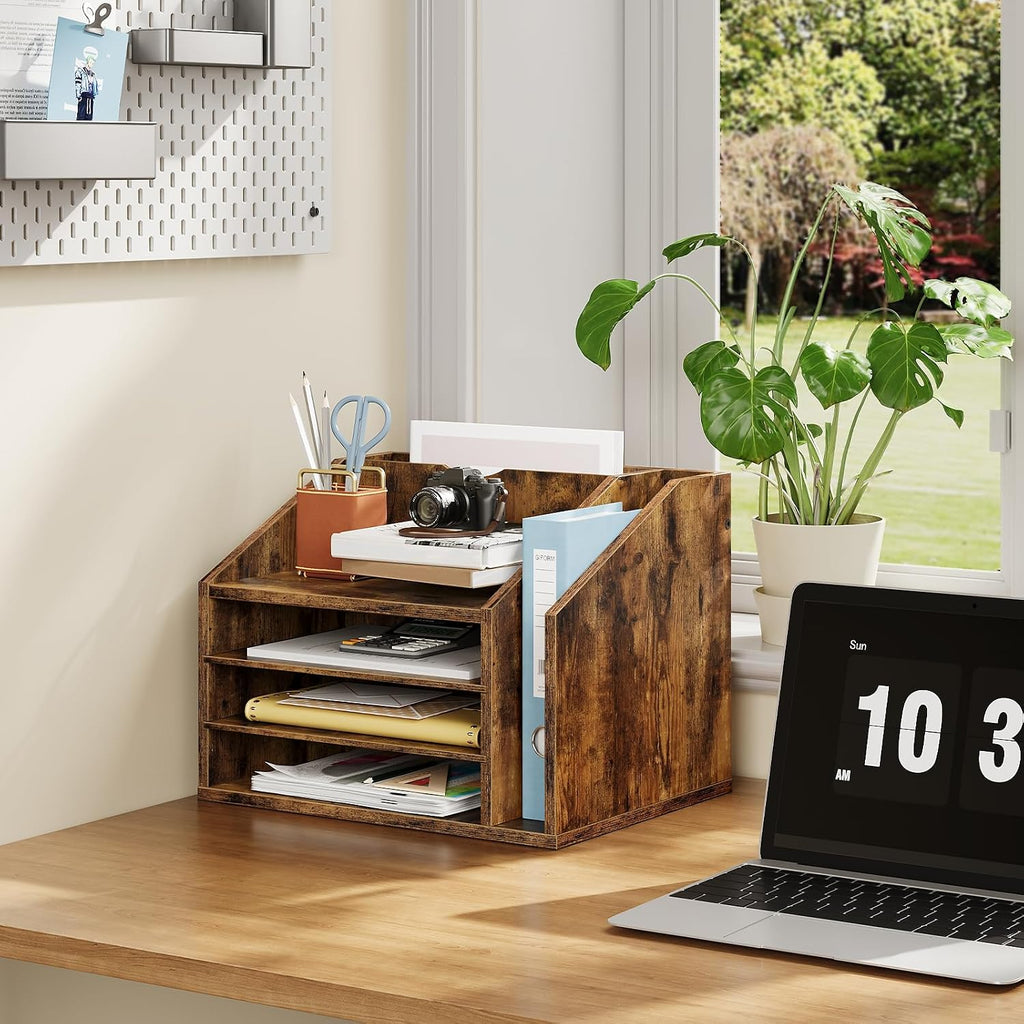 choezon wooden desk organizer with adjustable partitions, rustic on a desk or shelf