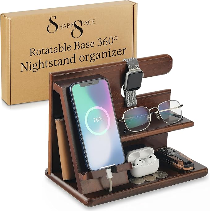 SHARPSPACE Night Stand Organizer – Wood Phone Docking Station, 360° Rotating by Unknown