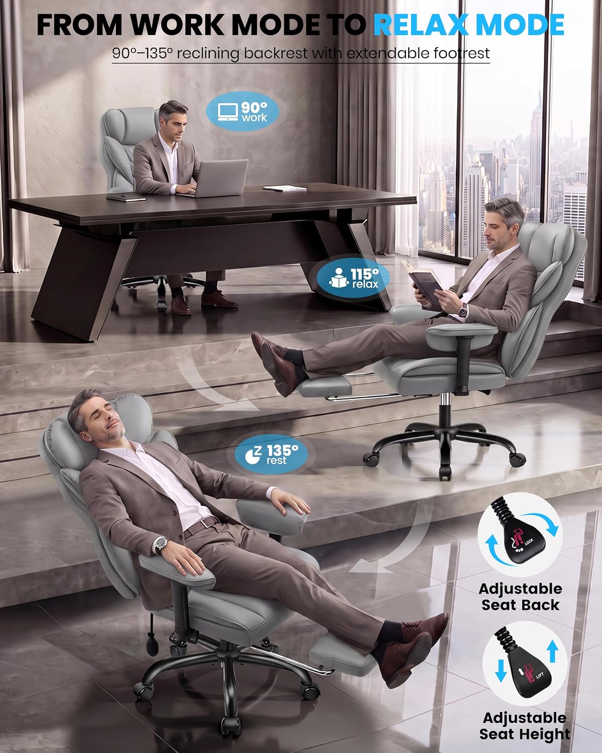 Office Chair, Big and Tall Executive Chair with Adjustable Lumbar Support