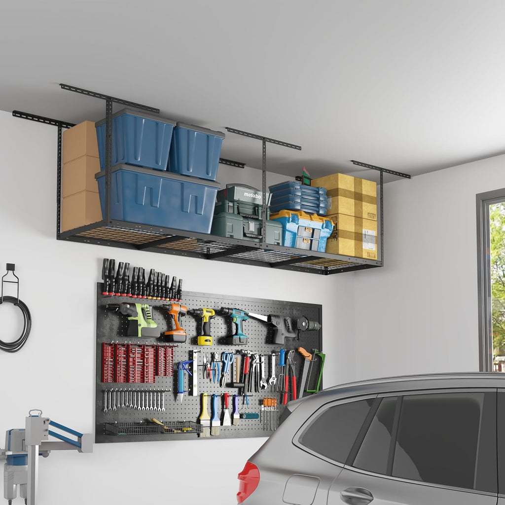fleximounts 2x8 overhead garage ceiling storage rack organization showing dimensions
