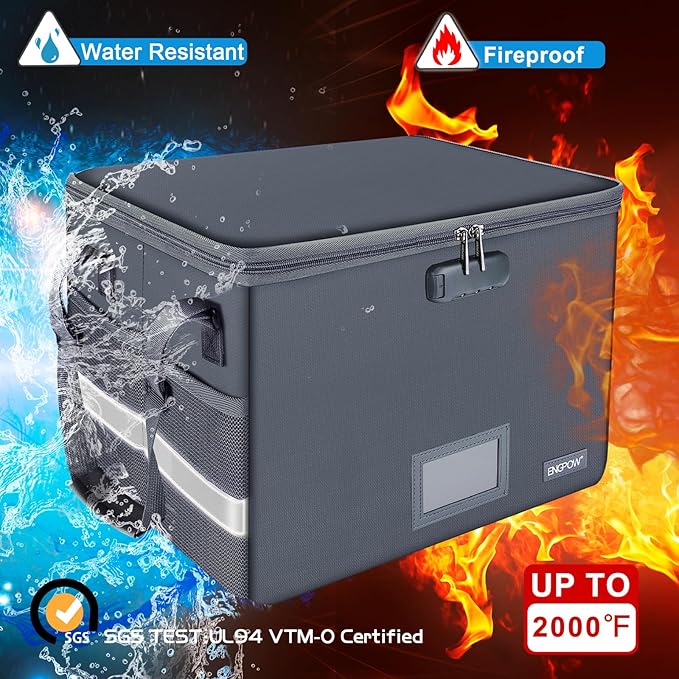 ENGPOW File Box with Lock, Fireproof Document Box with Zipper Lid, Collapsible - Image 3