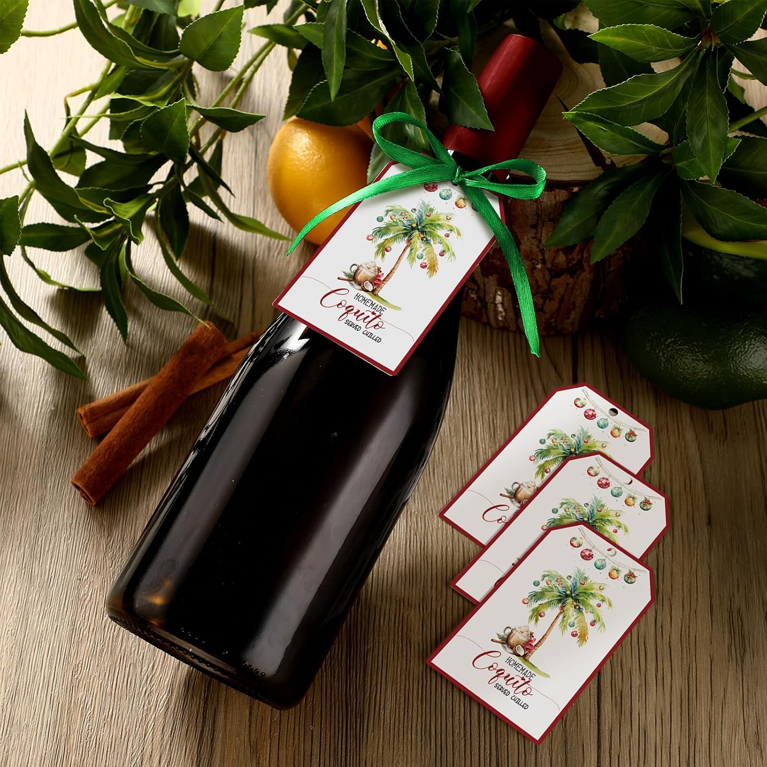 100 Pcs Christmas Coquito Labels for Bottle with Hemp Rope Xmas Coquito Bottle Tags Vanilla Labels with Graphic of Coconut Palm Tree for Home Christmas New Year Party Supply 3.5 ×2 (Bright)