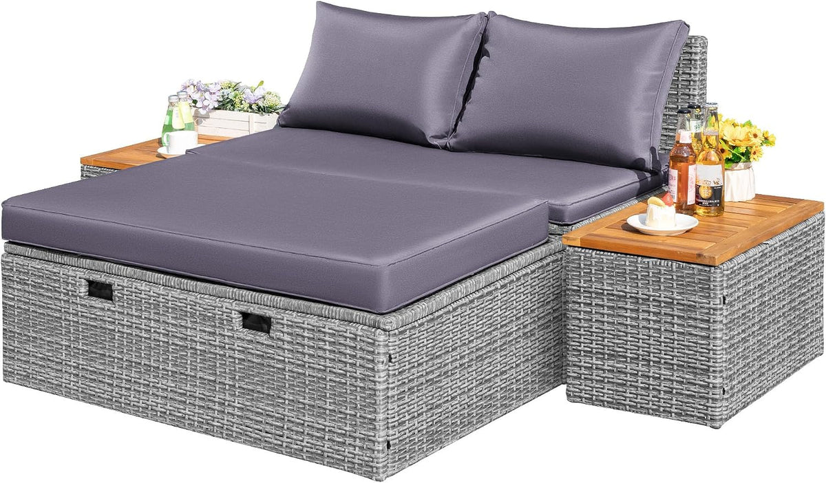 Flamaker Outdoor Rattan Lounge Chair with 2 Side Tables