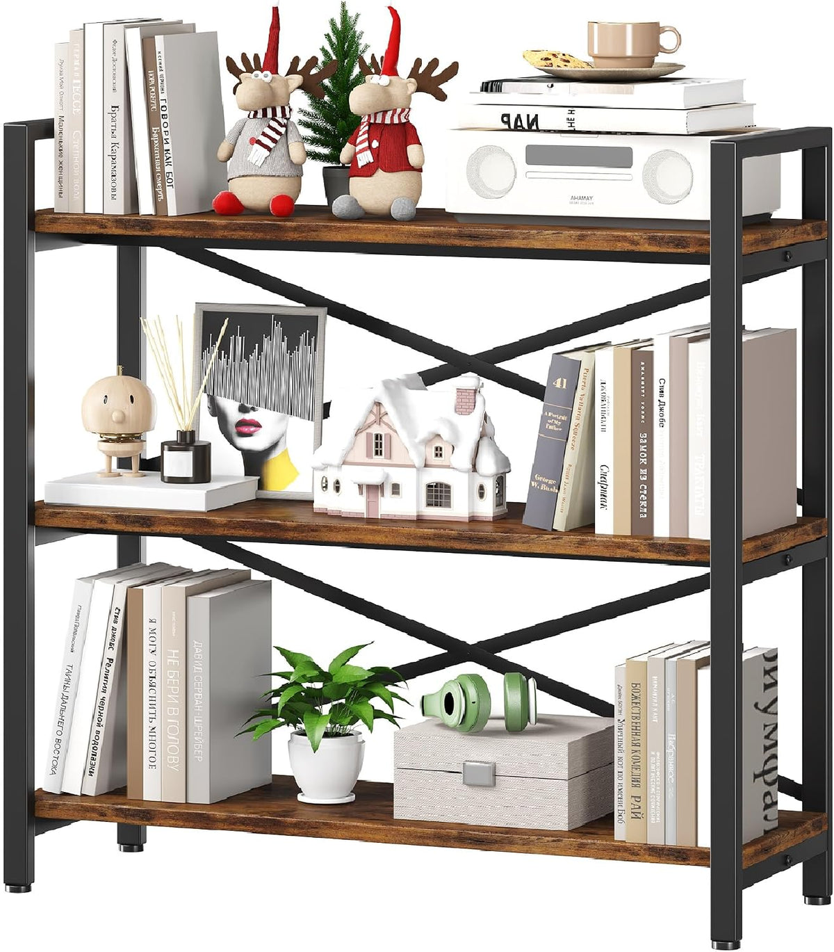 3 Tier Bookshelf 31.49" Width, Wood and Metal Etagere Bookcase, Vintage