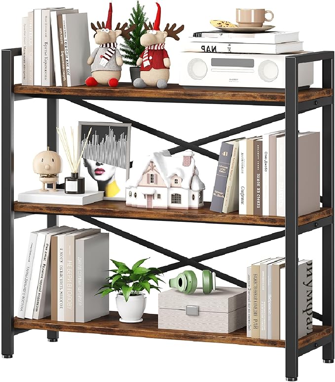 3 Tier Bookshelf 31.49" Width, Wood and Metal Etagere Bookcase, Vintage by Homeiju