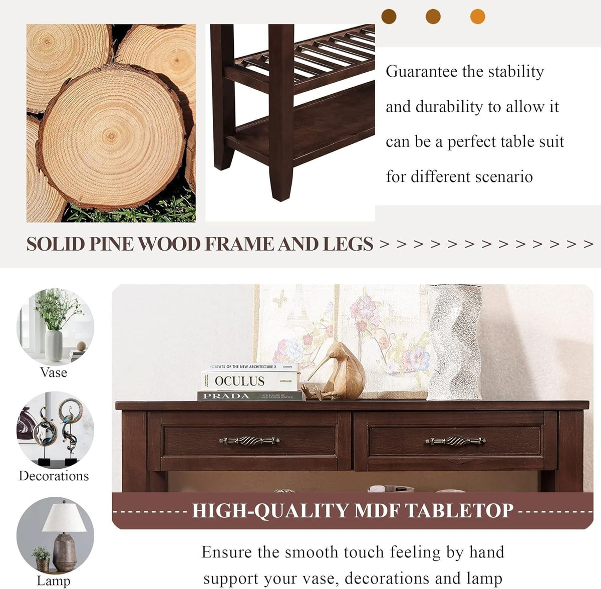 42inch Mid-Century Wood Console Table with 2 Drawers and 2 Bottom Shelf Sofa ...