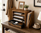 wooden desk organizer with drawers, office paper mail showing dimensions