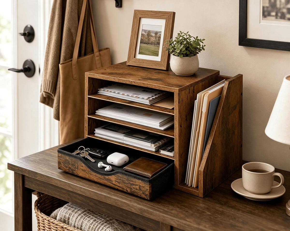 wooden desk organizer with drawers, office paper mail showing dimensions