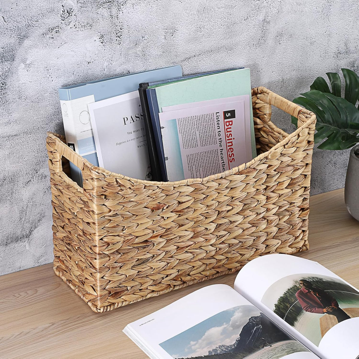 BTSKY Woven Magazine Holder, Water Hyacinth Magazine Basket, Natural Storage ...