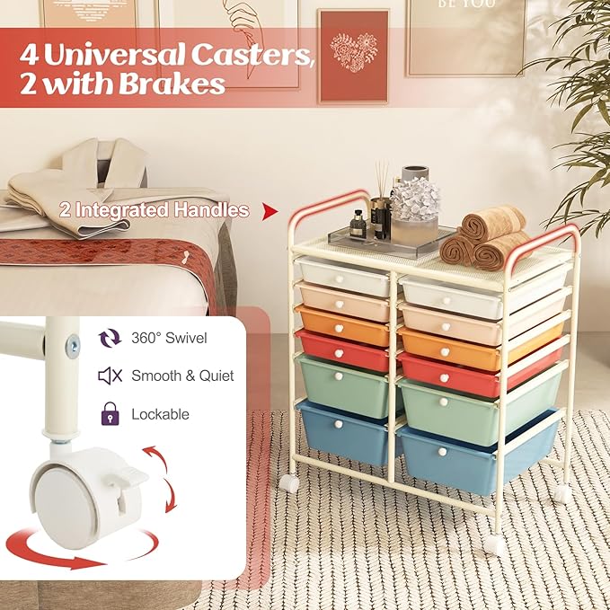 LDAILY 12 Drawer Rolling Storage Cart, Craft Cart Organizer on Wheels w/Metal - Image 6