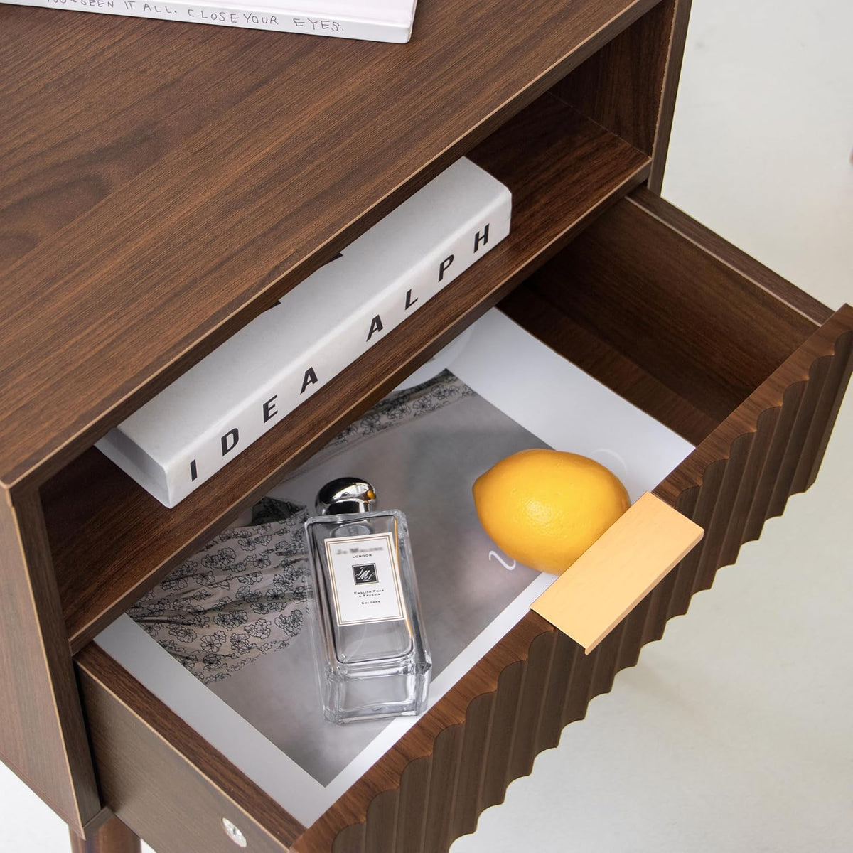 Fultyle Walnut Nightstand, Fluted Night Stand with Drawer and Open Shelf