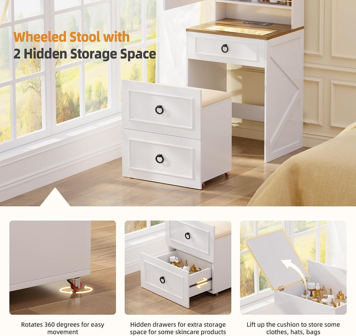 3 in 1 Small Vanity Desk with Lights and Mirror,Charging Station,White
