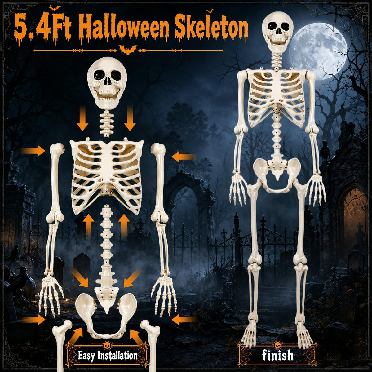 Halloween Skeletons Decorations Outdoor - 5.4FT Life Size Posable Skeletons