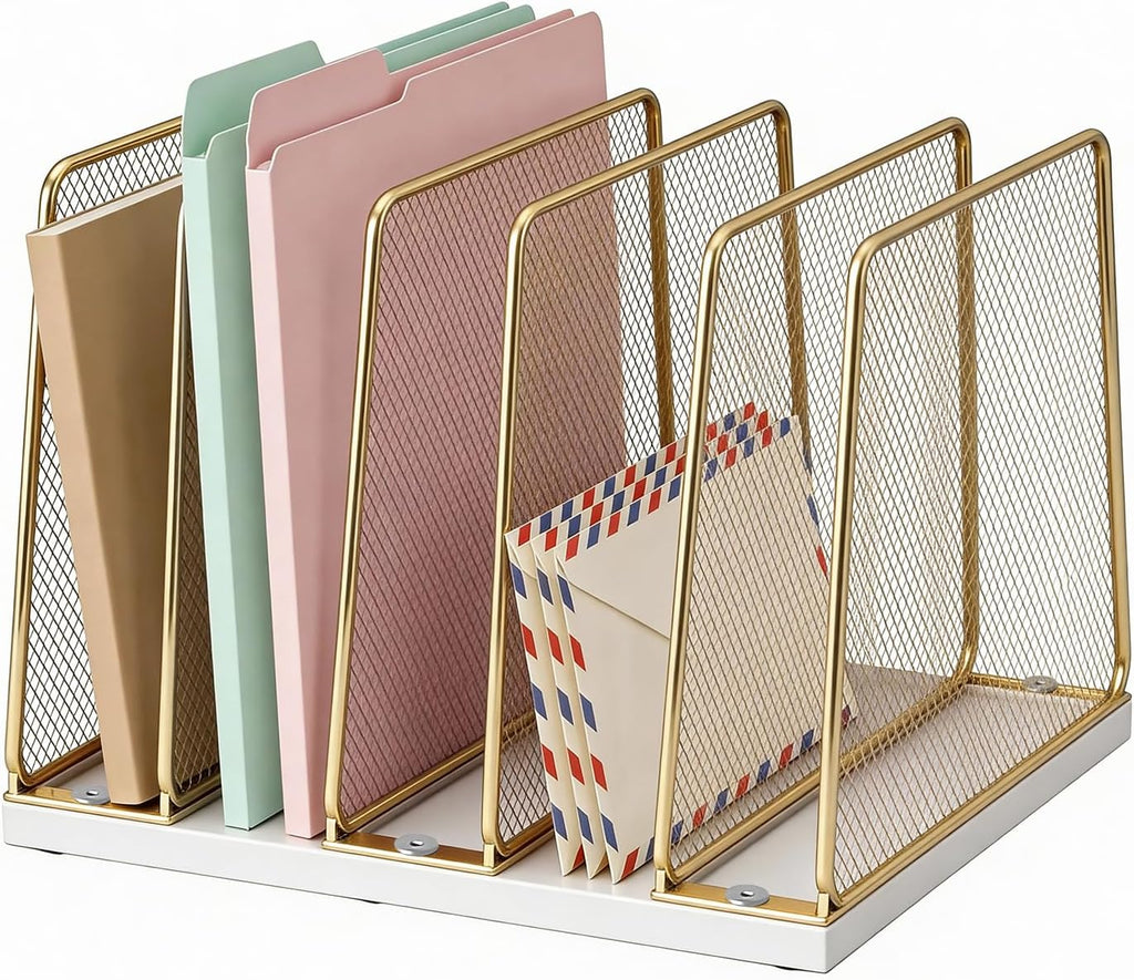 leketree gold desk file organizer, 5-section upright file, main product view