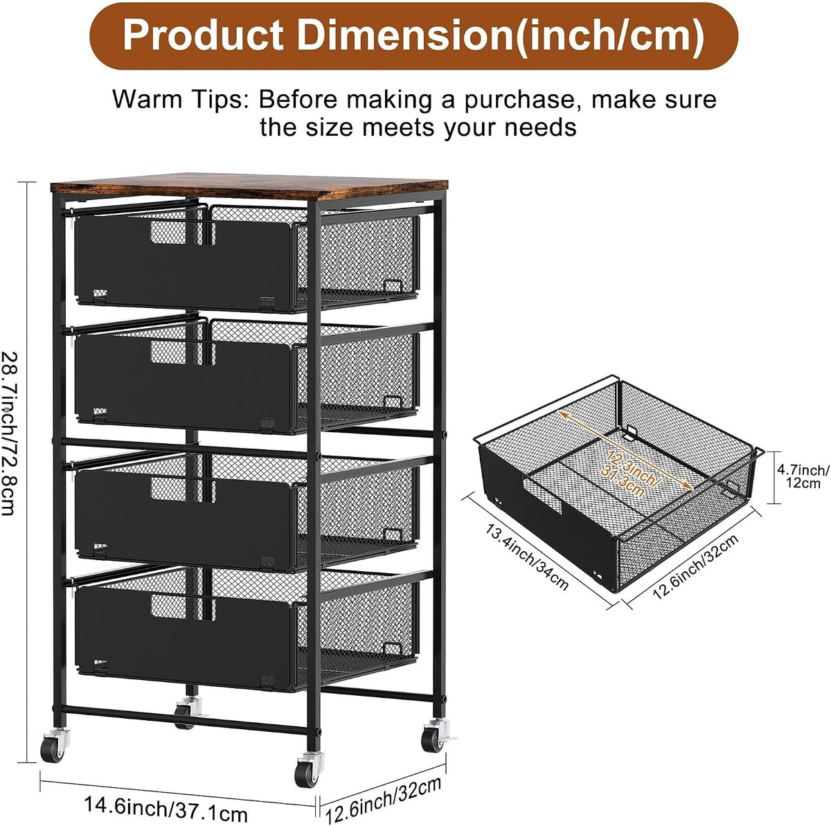 EasyPAG Rolling Storage Cart with 4 Drawers, Under Desk File Cabinet on Locka...