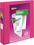 Avery Durable View 3 Ring Binder, 1.5" Slant Rings, 1 Pink Binder | For Daily School, Home and Office Use, DuraHinge Tear-Resistant Spine, DuraEdge Split-Resistant Sides, Interior Pockets