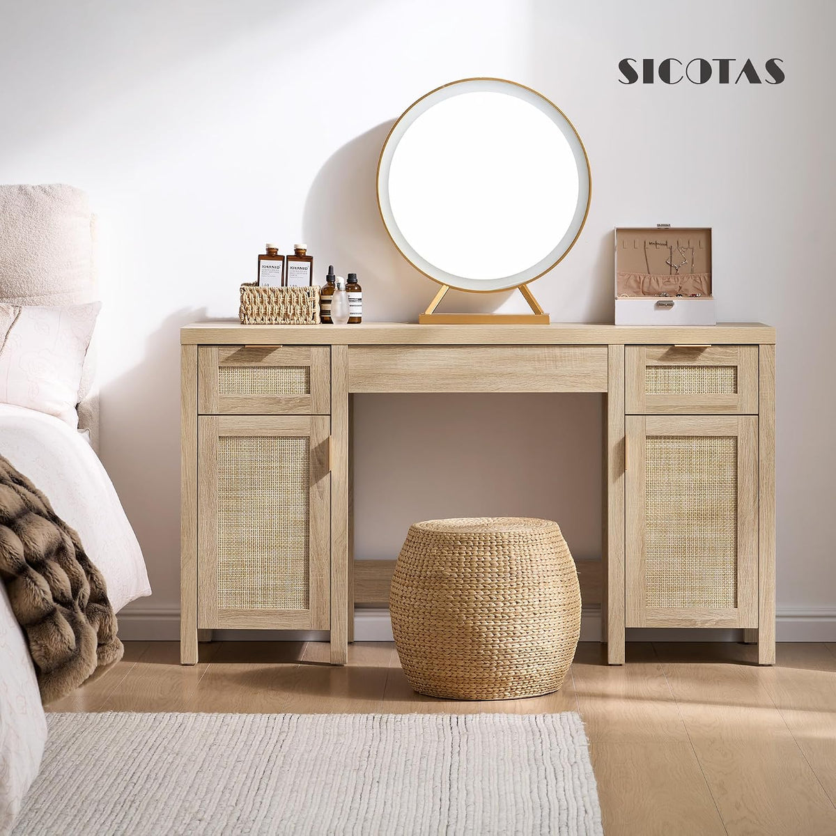SICOTAS 52" Rattan Vanity Desk with 3 Drawers & 2 Cabinets, Vanity T...