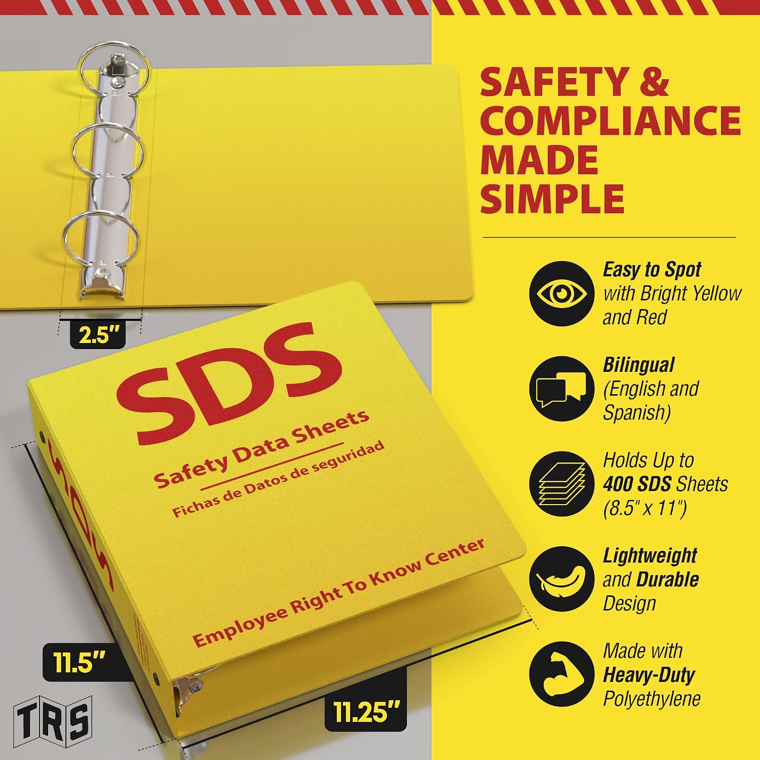 SDS Binder 2 Inch - OSHA Compliant Safety Data Sheet Binder - Bilingual English/Spanish - Heavy Duty MSDS Binder - Holds 400 Sheets - Bright Yellow
